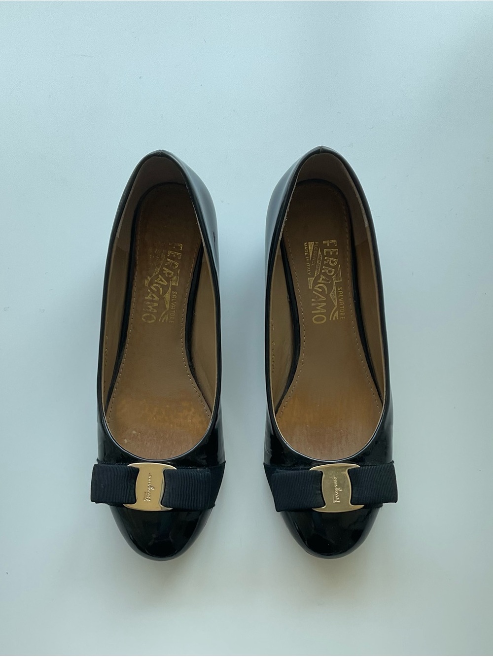 Salvatore Ferragamo Black Patent Leather Bow Flats with Gold Accent